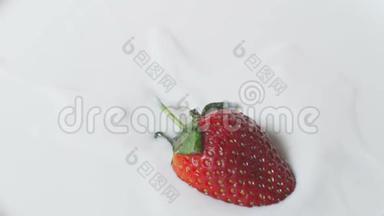 草莓落入酸奶溅得慢。 早上的早餐。